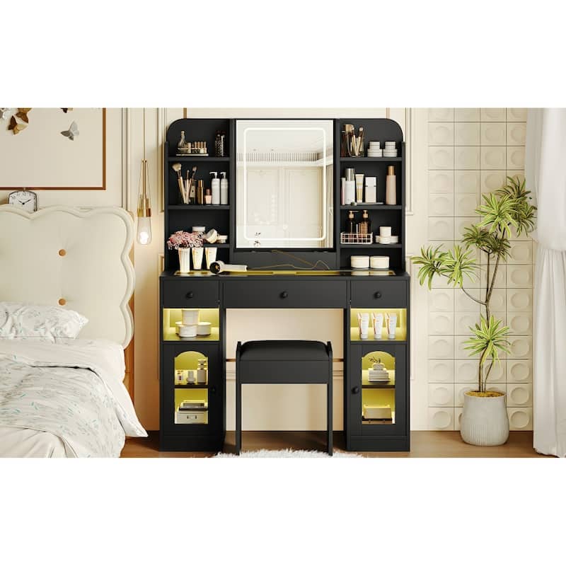 Roomfitters 43.2" Makeup Vanity Desk with LED Lighted Mirror, Glass Door Cabinets, Charging Station and Stool