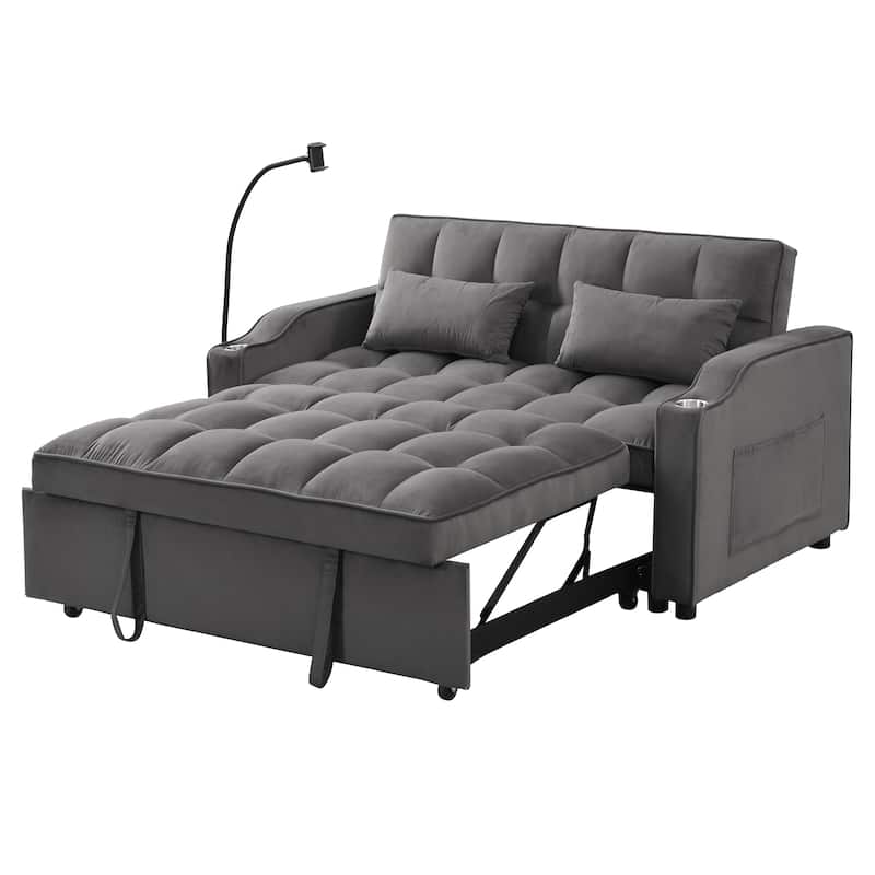 Foldable Sofa Bed with USB and Phone Holder, 2-Seat Settee with Two Pillows, Love Seat Couch with Adjustable Backrest