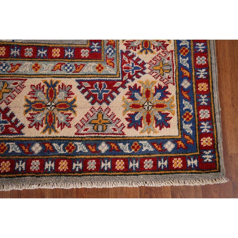 Geometric Kazak Rug Hand-Knotted Grey Traditional Wool Carpet - 5'10" x 8'4"