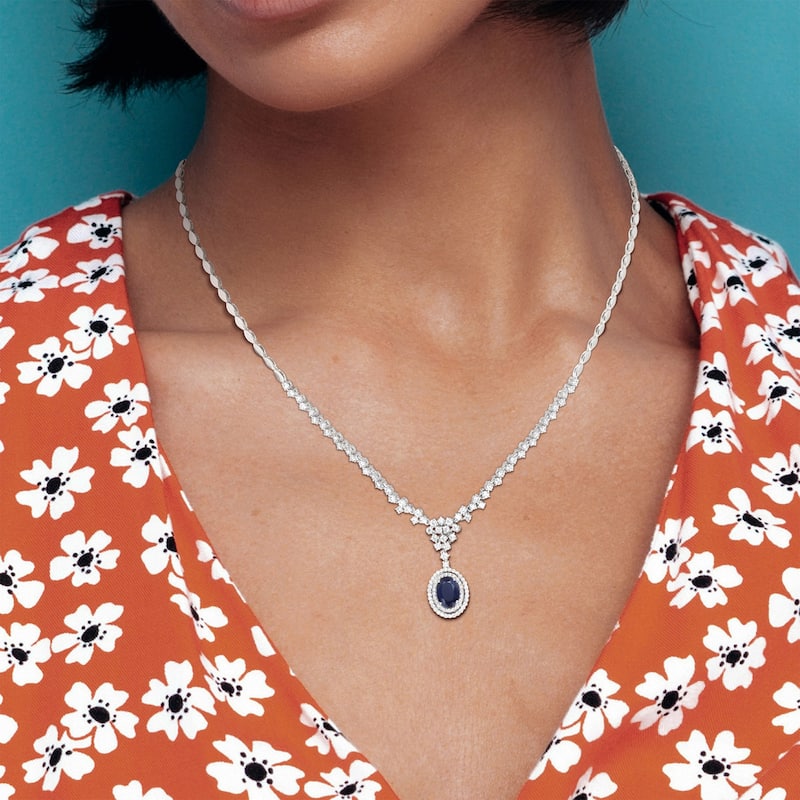 Miadora 1 1/2ct TDW Diamond and 1 1/2ct TGW Oval-Cut Blue Sapphire Necklace 14K White Gold