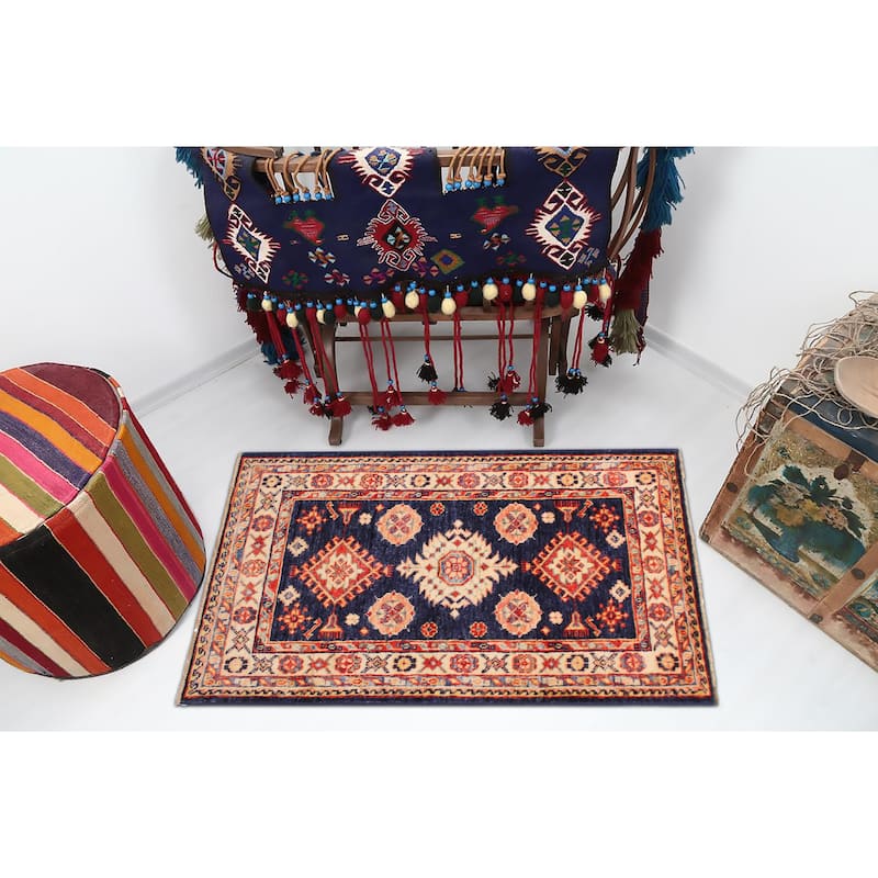 Caucasian Super Kazak Alistair Blue/Beige Hand Knotted Wool Rug - 2'1'' x 3'2''