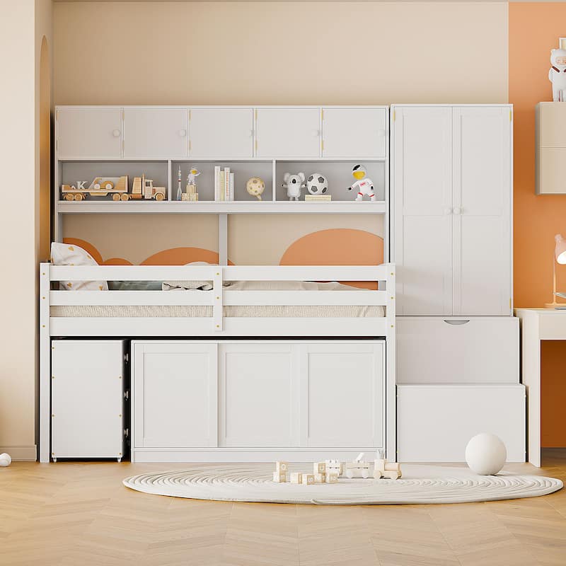 Wooden Loft Bed with Hidden-desk, Wardrobe, Drawers and Shelves