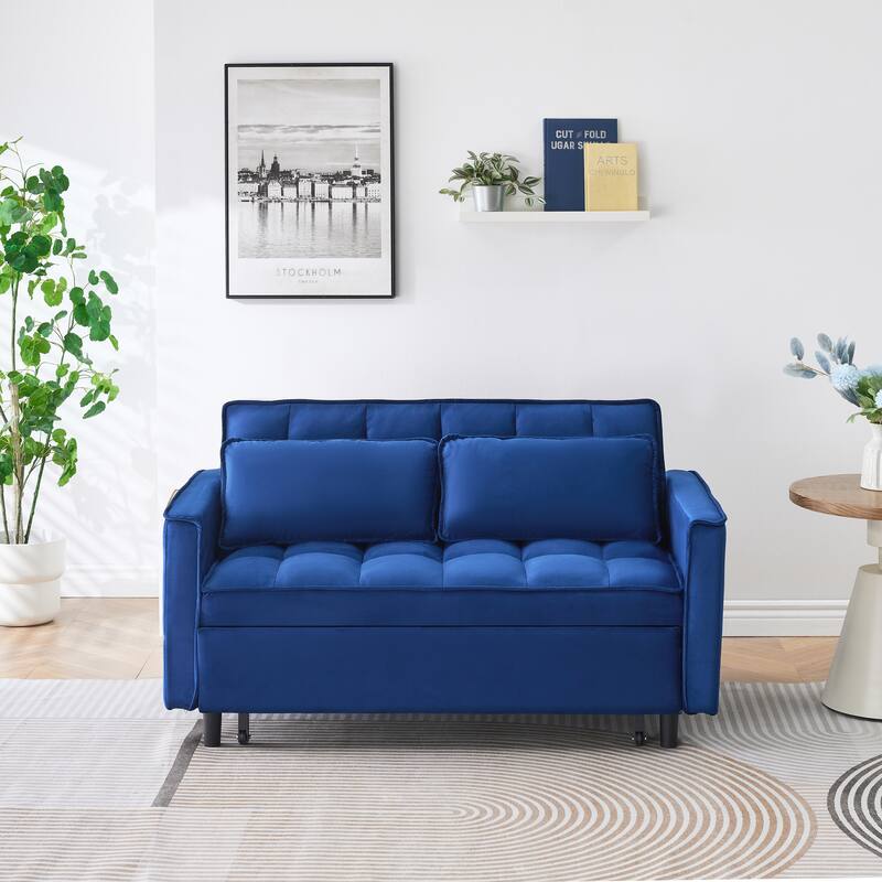 Velvet 3 in 1 Pull Out Loveseat Sofa Convertible Sleeper Love Seat Bed Tufted Futon Sofa with 2 Pillows and Pockets