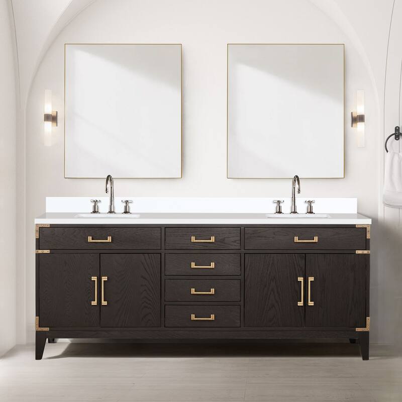 Laurel 60 in W x 22 in D Black Oak Double Bath Vanity, White Quartz Top, Faucet Set, and 28 in Mirrors