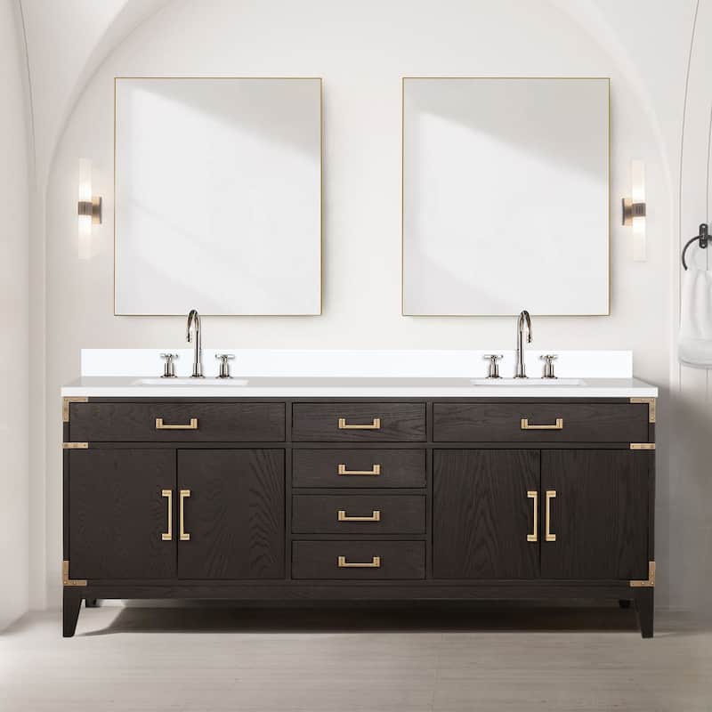 Laurel 60 in W x 22 in D Black Oak Double Bath Vanity, White Quartz Top, and 28 in Mirrors