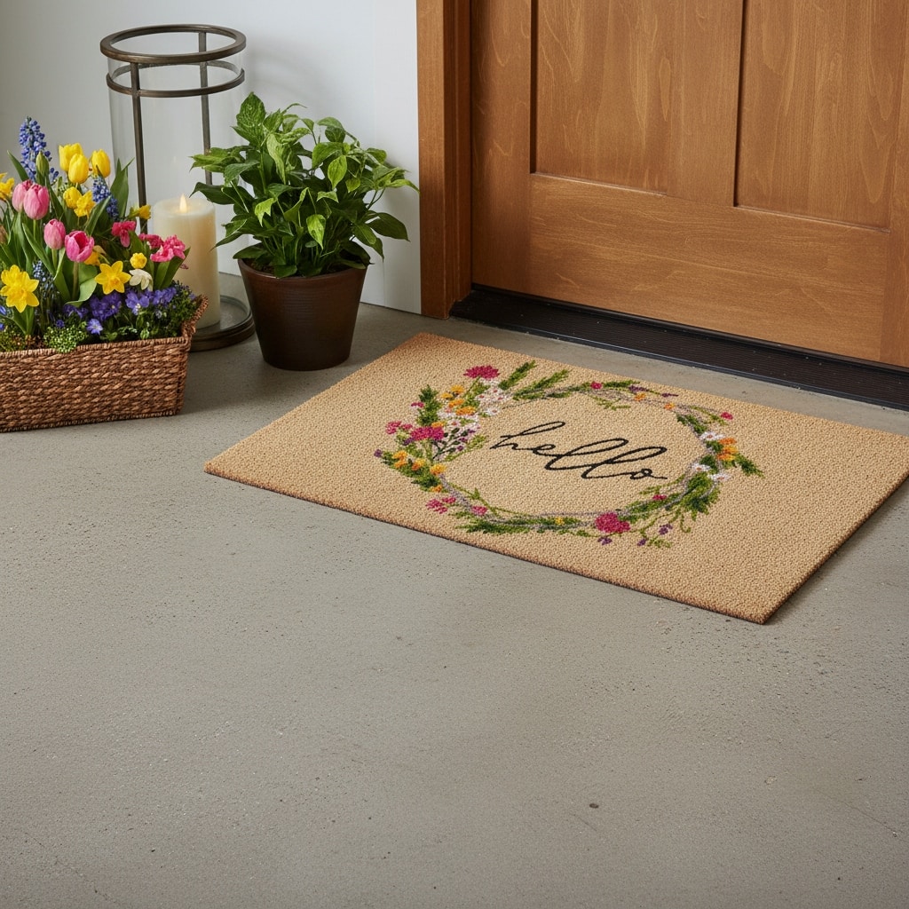 HomeRoots 24" X 36" Brown Green And Black Floral Hello Outdoor Coir Door Mat - 24.00' X '36.00