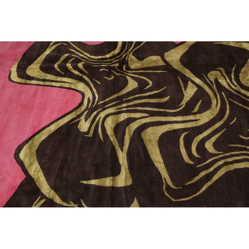 Hand Knotted Pink, Brown Tibetan Wool Modern Oriental Area Rug - 9' x 12'