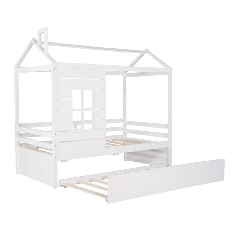 Twin House Bed with Twin Trundle, Wooden Bed for Kids with Guardrails, Playhouse Design, Easy Assembly