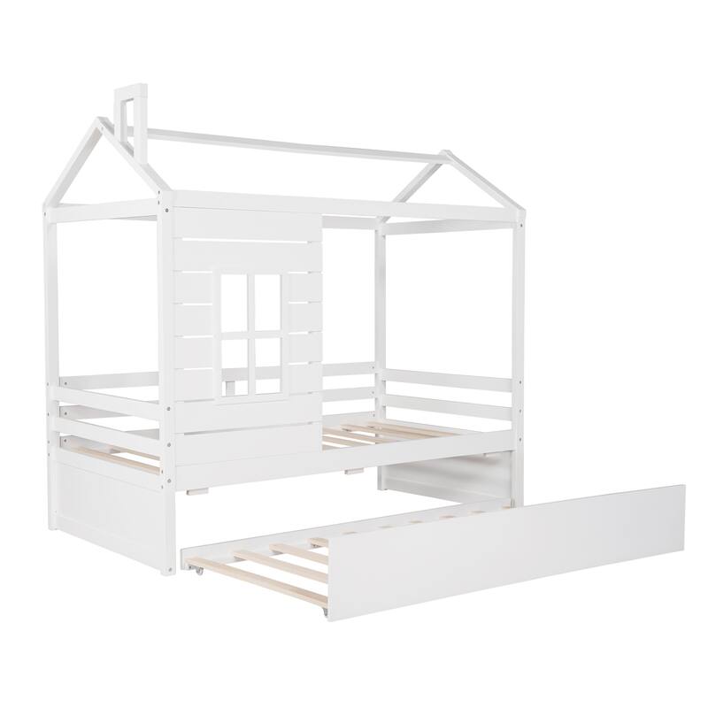 Twin Size House Bed with Trundle and Guardrails for Kids, Space-Saving Design