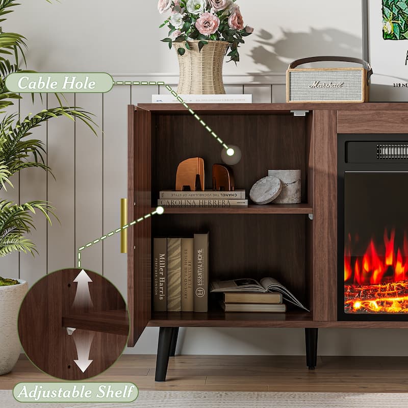 BOSSIN 58"Mid-Century Electric Fireplace TV Stand with Fluted Panels, Remote Control, and Adjustable Shelves for TVs up to 65"