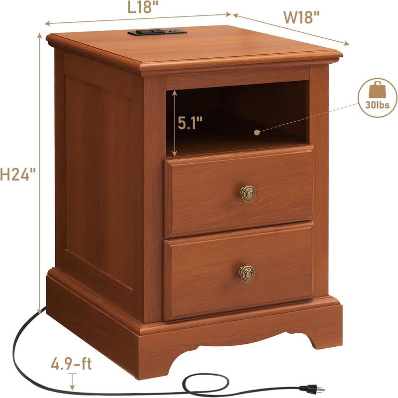 Vintage Wood Nightstand with Charging Station, End Table, Side Table