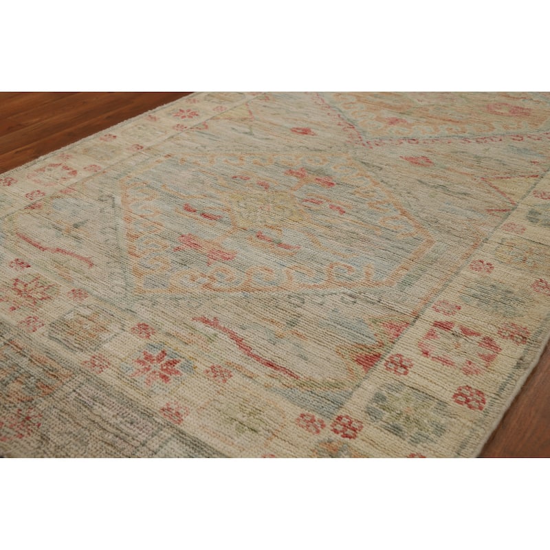 Hand Knotted Oriental 100% Wool Carpet Transitional Geometric Beige & Ivories Oushak Runner Rug - 10' 2'' X 3' 5''