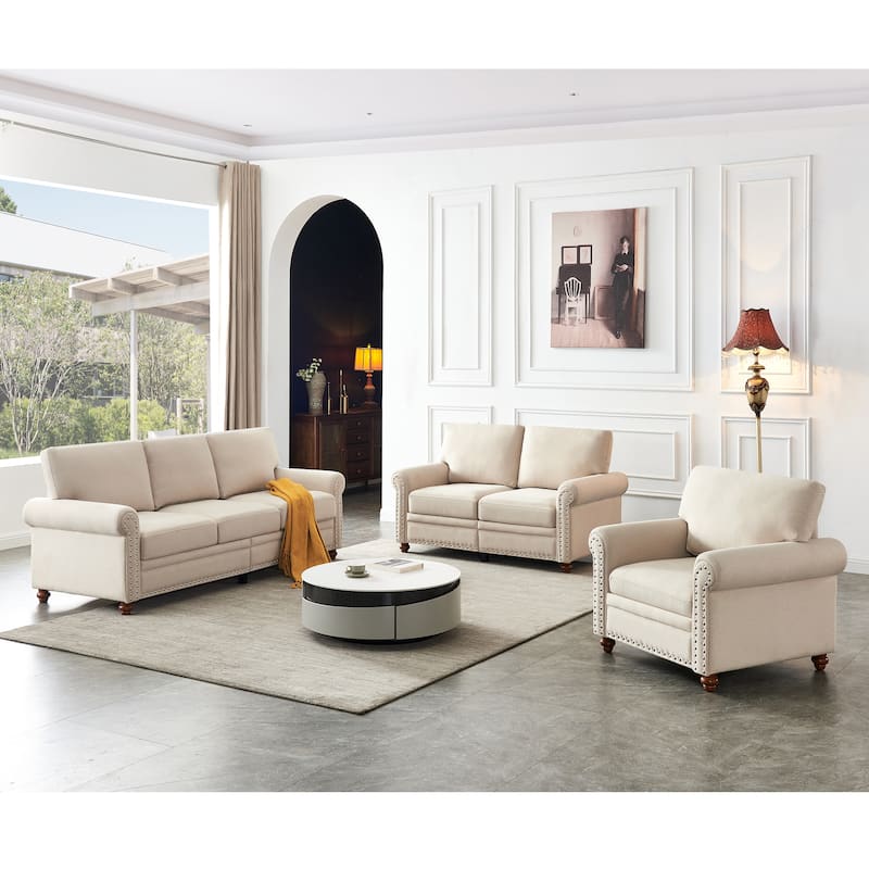 Modern Storage Couch & Sofa Set w/ Settee, Loveseat & Accent Chair - Beige