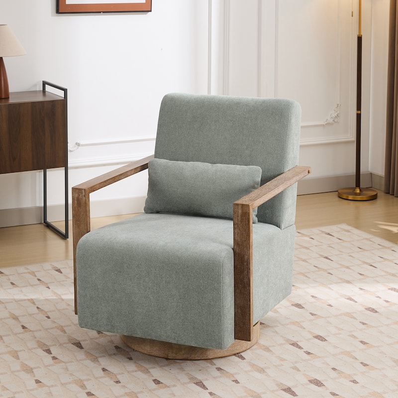 Mid-Century Boucle Upholstered Swivel Armchair With Pillow