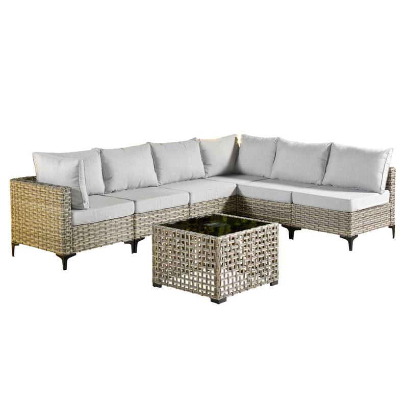 XIZZI 7-piece Outdoor Patio Furniture Rattan Wicker Modular Sofa Set with Table