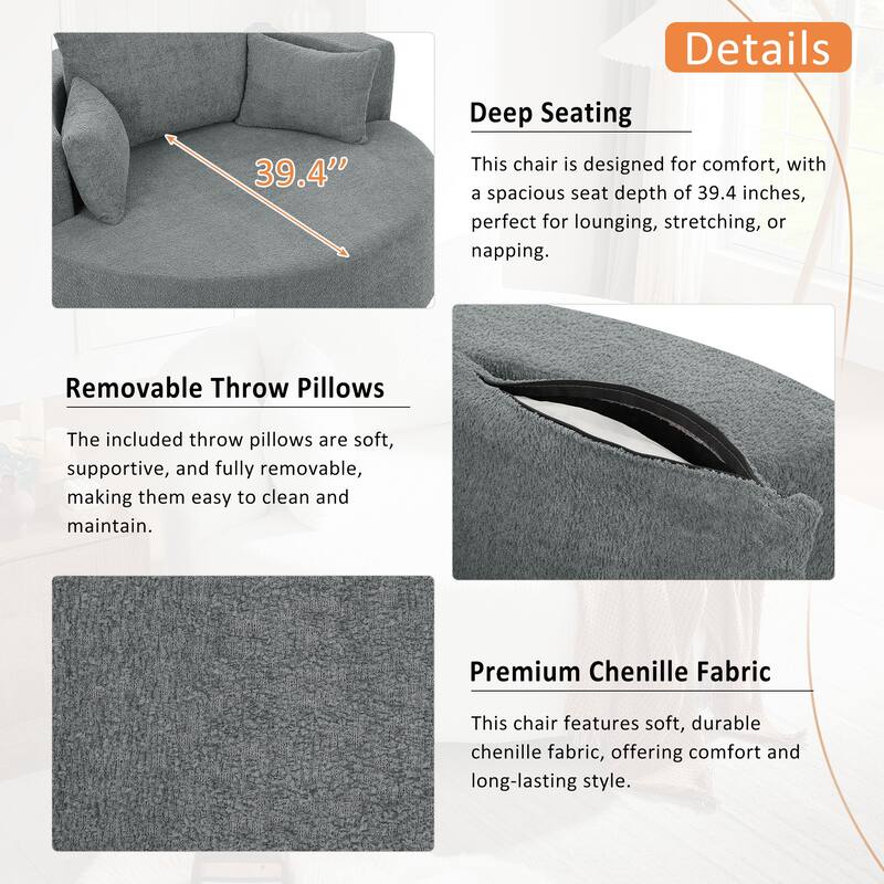 Chenille Swivel Barrel Chair with Pillows