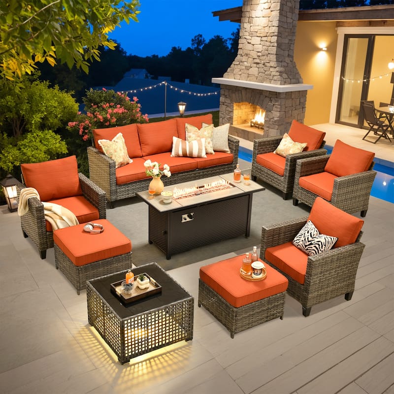 OVIOS 9 Pieces Patio Furniture Set with Solar-Powered Table & 54" Fire Table - Orange/Red