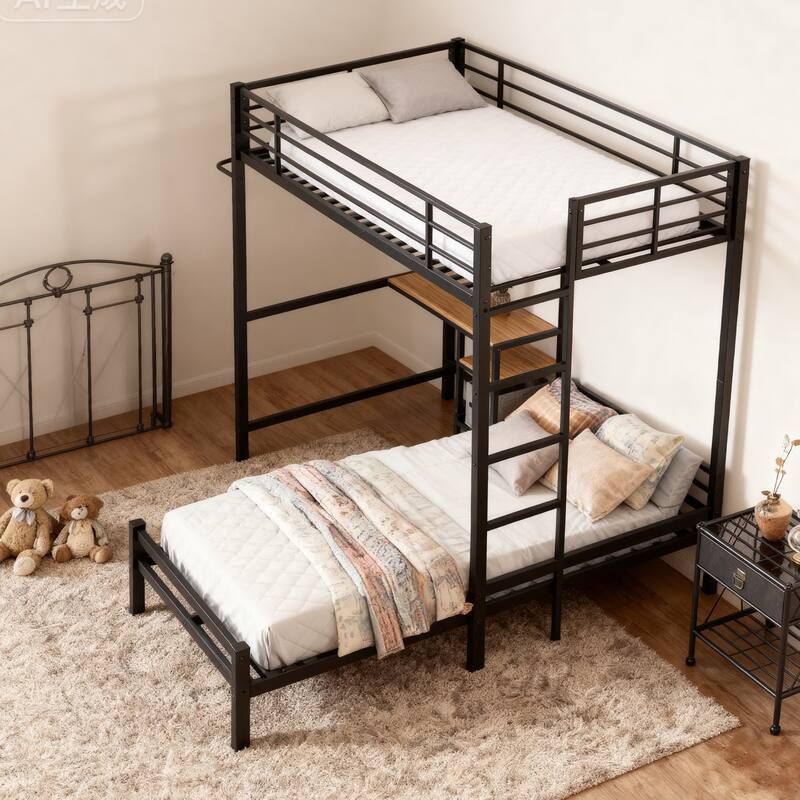 L-Shaped Twin Over Twin Bunk Bed with Desk, Storage Shelves & Safety Guardrail - Space Saving Metal Loft Bed for Teens & Adults