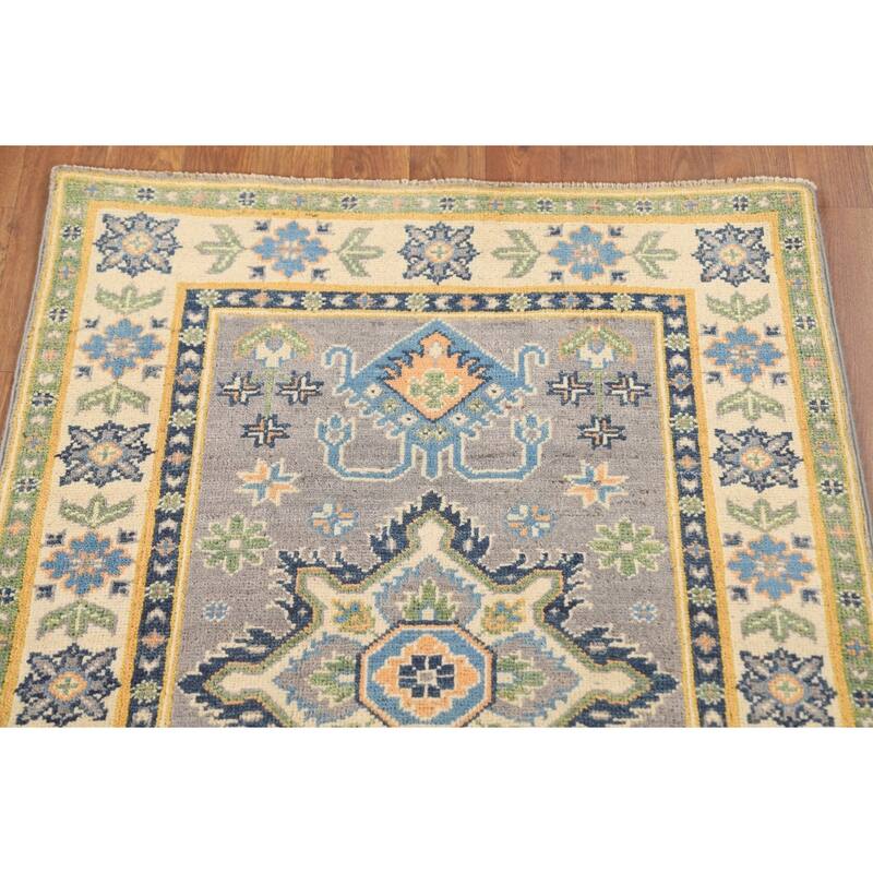 Gray Geometric Kazak Oriental Accent Rug Handmade Wool Carpet - 2'9" x 3'10"