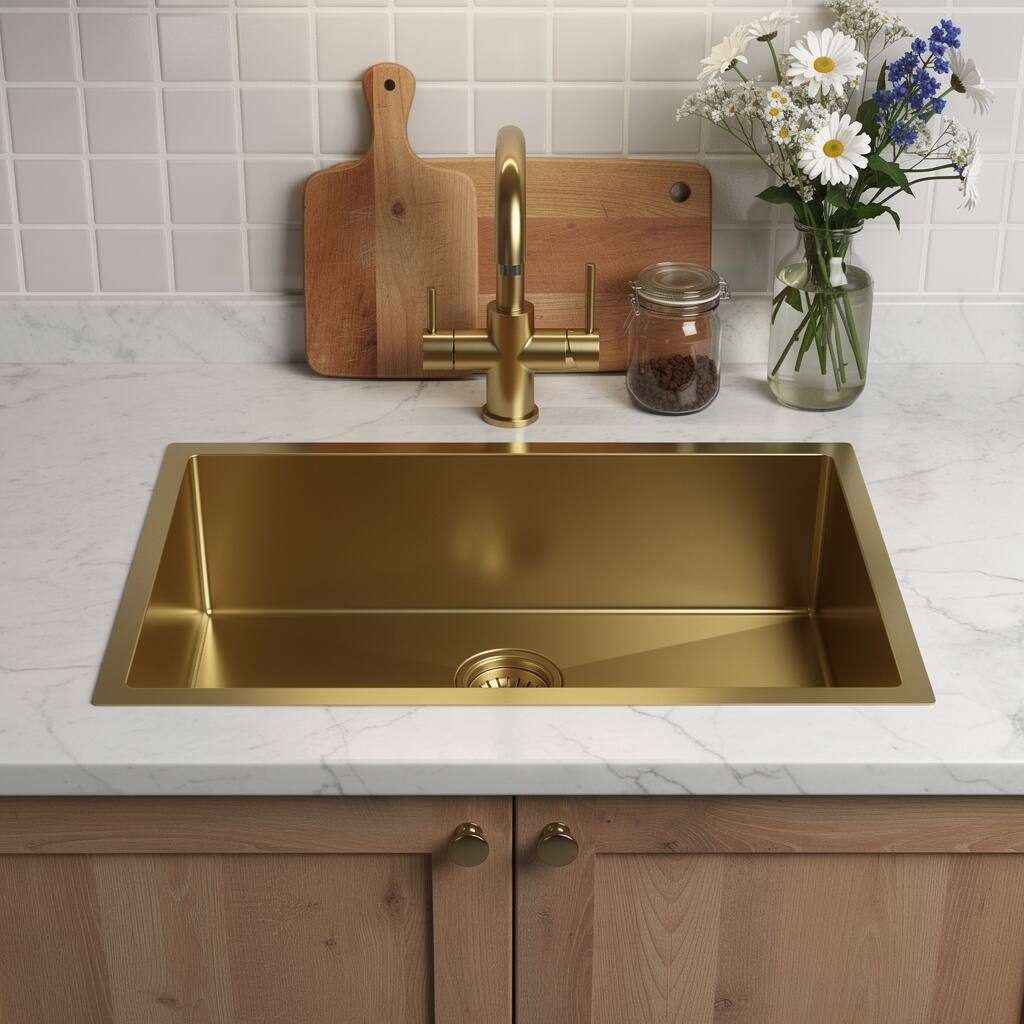 HomeRoots 10" X 30" Gold Stainless Steel Undermount Kitchen Sink - 30.00 in. x 10.00 in. x 18.00 in.
