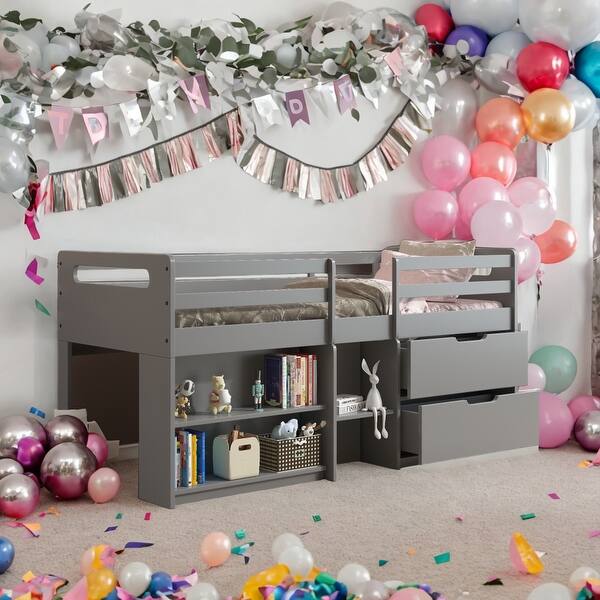 slide 2 of 10, Twin Loft Bed with Built-in Drawers, Bookshelf and Chest, Grey Grey