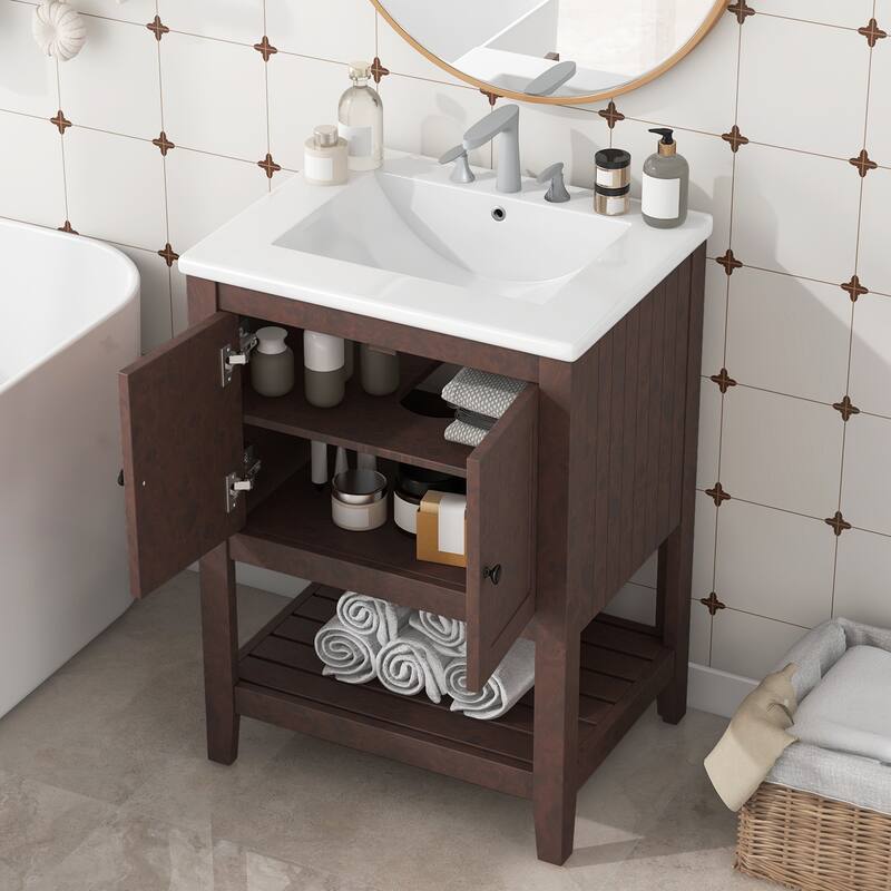 Bathroom Vanity with Sink, Small Storage Cabinet with 2 Soft Closing Doors, Sink Vanity with Solid Wood Frame - Brown