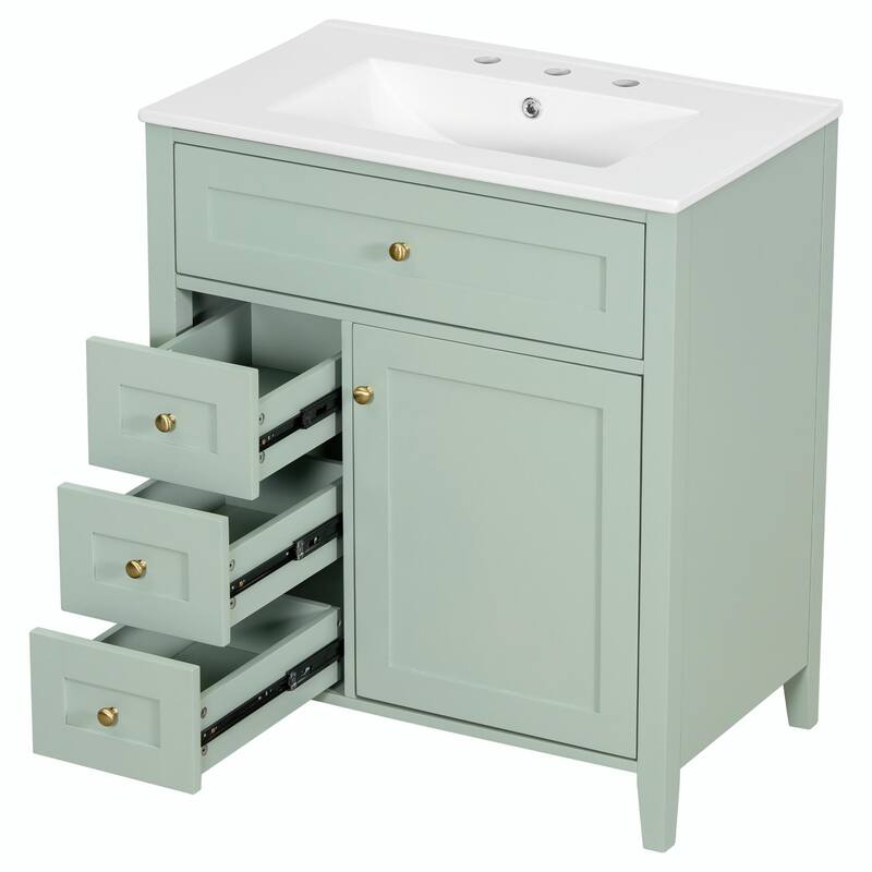 Bathroom Vanity with Sink, Modern MDF and Rubberwood Cabinet with 3 Drawers and Adjustable Shelf