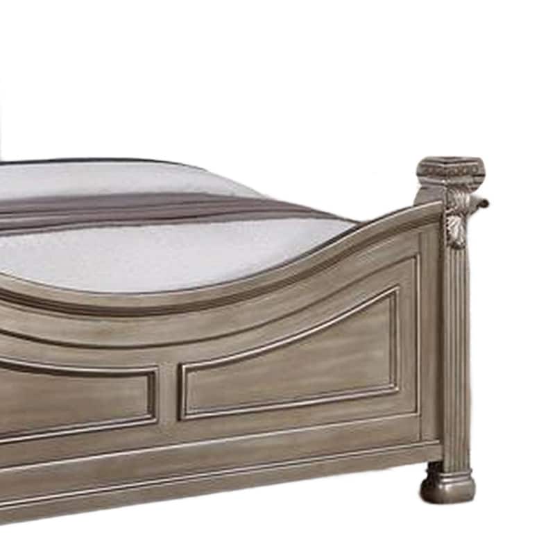 Aza Traditional Wood Queen Size Bed, Leaf Carvings, Champagne Gold Finish