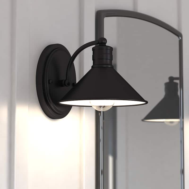 Akron 1-Light Farmhouse Barn Bathroom Wall Fixture - Oil Rubbed Bronze and Matte White - 8-in W x 7.25-in H x 10-in D