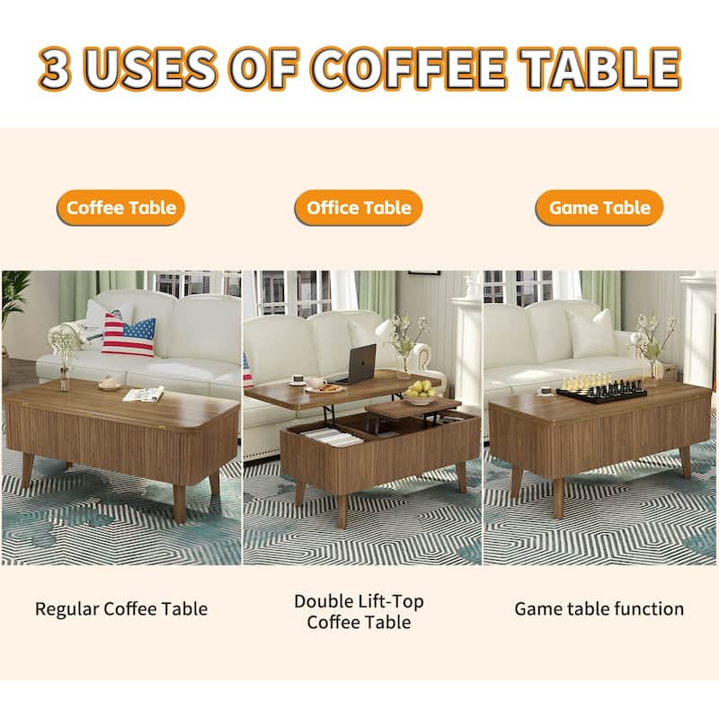 3-in-1 Lift Top Coffee Table Converts to Dining Table, Fluted Oval Wooden Storage Center Table