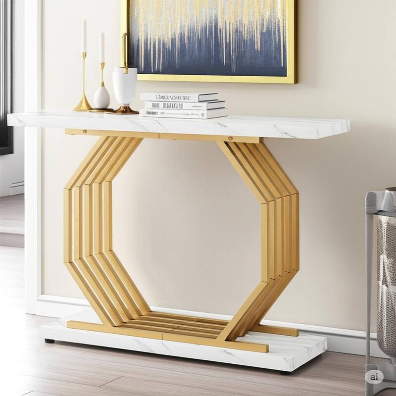 40"Gold Console Table, Faux Marble Entryway Narrow Sofa Table with Geometric Metal Base, Modern Accent Entrance Table - White+Gold