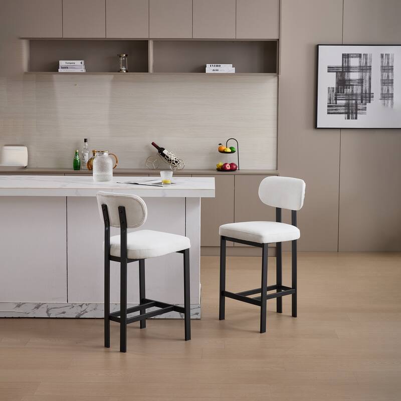 Bar Stools Set of 2, 26 inch Upholstered Fabric Counter Height Barstools, Kitchen Island Chairs with Black Metal Legs
