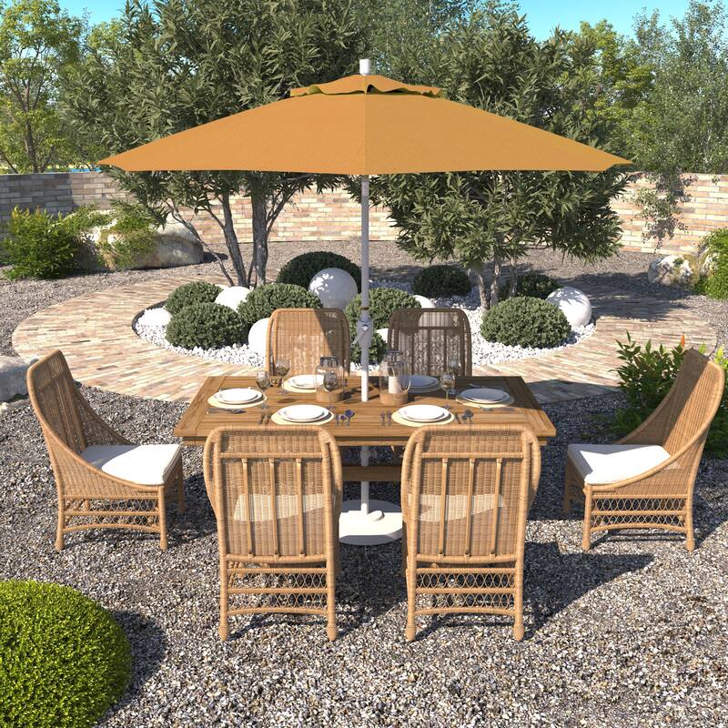 California Umbrella 9' Round Crank Lift Push Button Tilt White Aluminum Patio Umbrella Sunbrella - Wheat