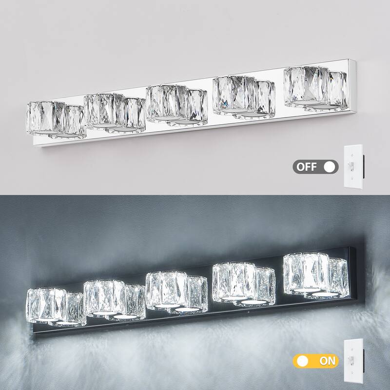 35" Modern Crystal 5-Light LED Wall Sconce,Elegant Chrome Bathroom Vanity Light with Clear Crystal Shades