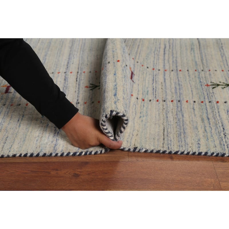 Striped Tribal Gabbeh Oriental Area Rug Hand-Knotted Beige Wool Carpet - 9'3"x 11'7"