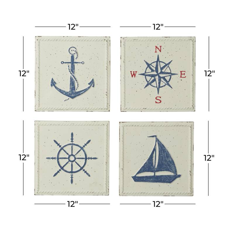 Metal Sail Boat or Sea Horse Speckled Home Wall Decor with Various Marine Life Designs - Set of 4 Cream - Roche River Decor