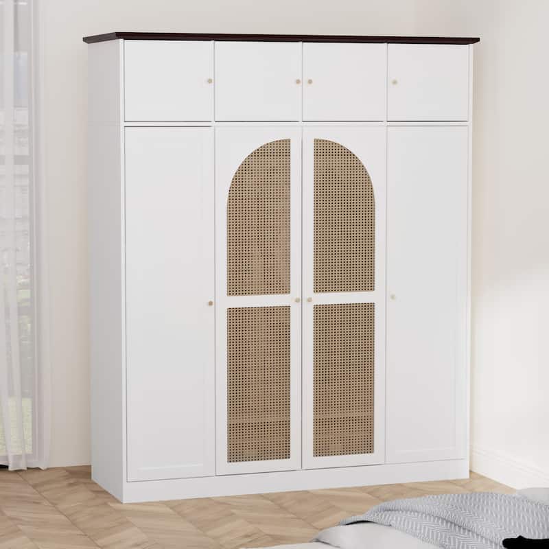 Rattan Decorative Doors Wardrobe Closet with Hanging Rod & Shelves, Large Capacity Armoire Clothing Storage Cabinet