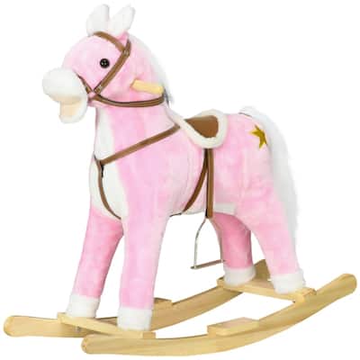 Brown Kids Rocking Horse with Saddle and Footrests Battery Operated Hooves and Neighs - 30.75" L x 11" W x 26.75" H