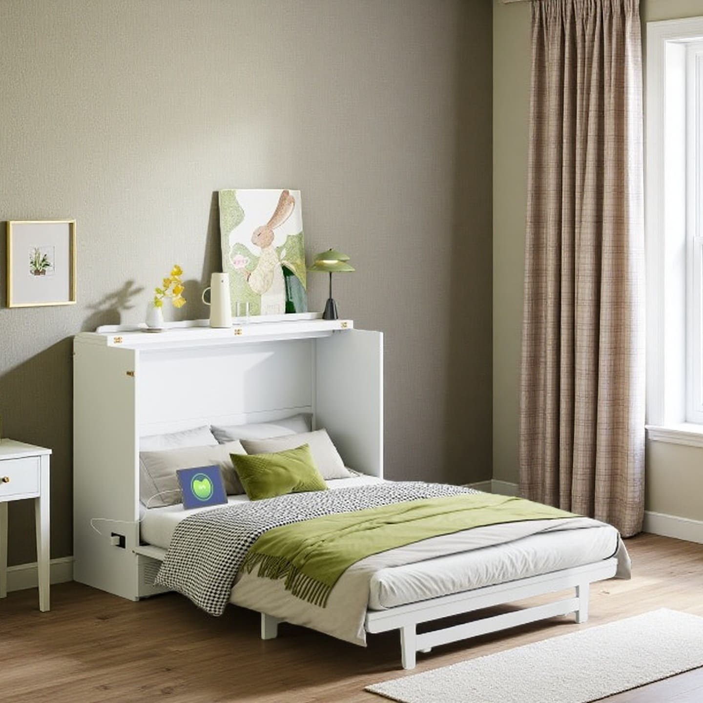 Queen Size Folding Murphy Bed Cabinet with USB Charging Ports, Storage Drawer & Wheels, Space-Saving Convertible Design