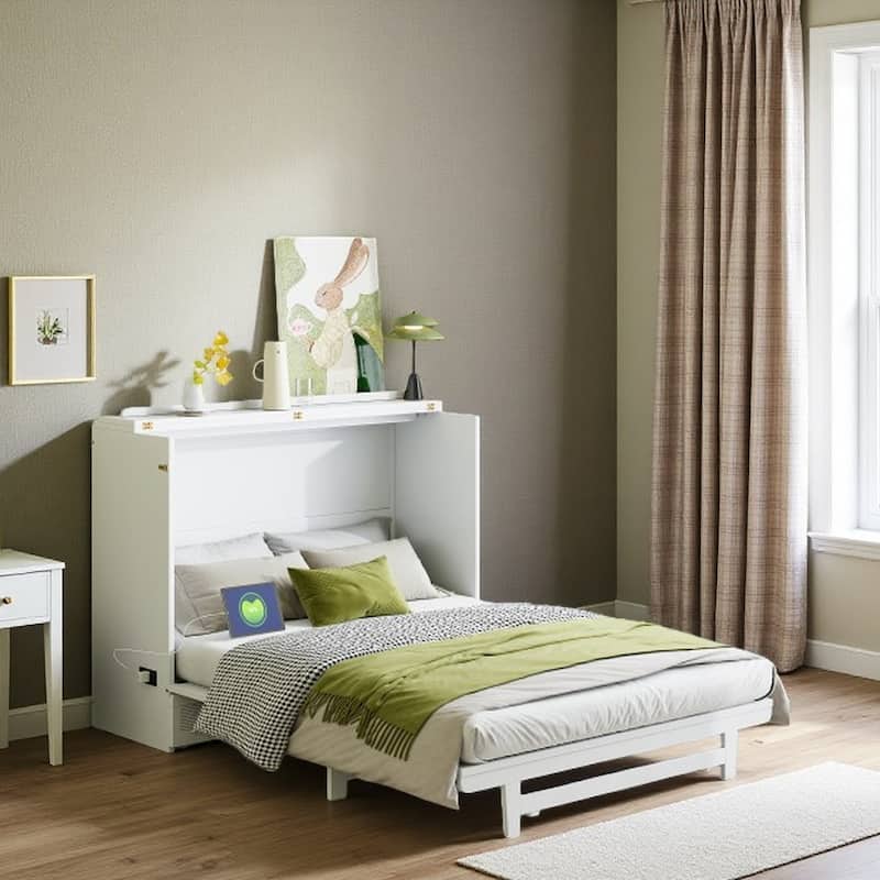 Queen Size Folding Murphy Bed Cabinet with USB Charging Ports, Storage Drawer & Wheels, Space-Saving Convertible Design - White - Full