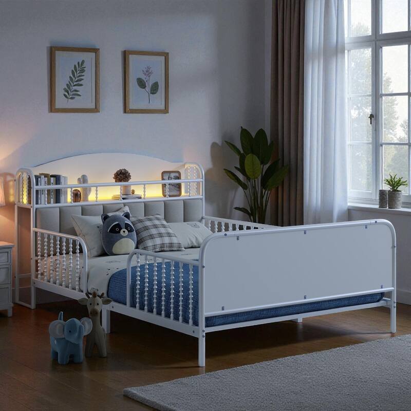 Twin/Full Size Metal Platform Bed with LED Lights and Upholstered Headboard, Kids Bed Frame with Storage Shelf