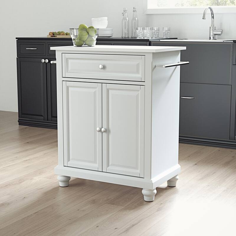 Kitchen Island Cart with Stone Top, Portable Kitchen Storage, Modern Kitchen Furniture, White Finish