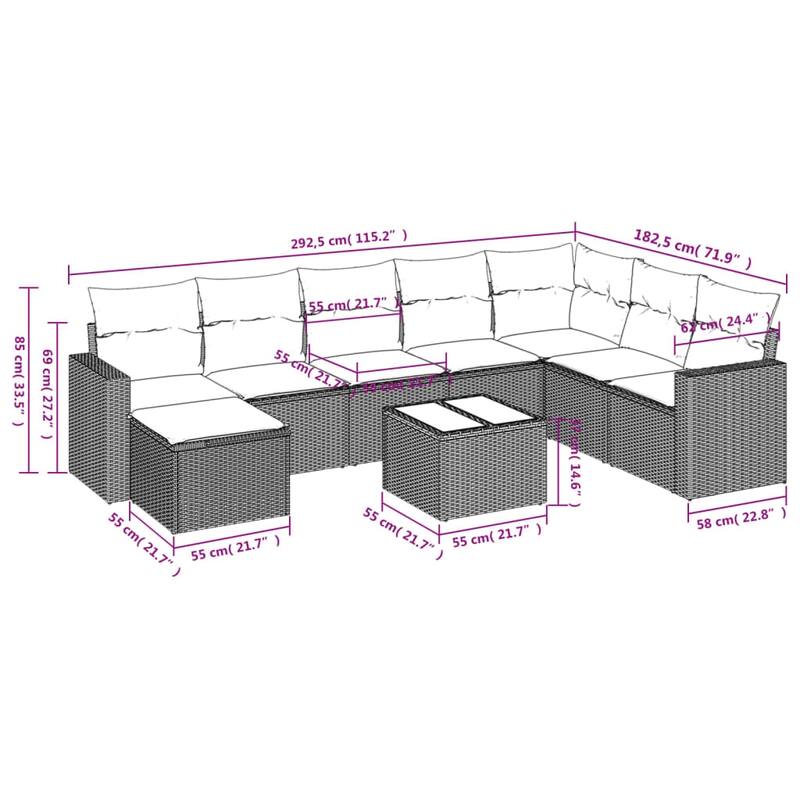 vidaXL Patio Sofa Set with Cushions Outdoor Conversation Furniture Poly Rattan - 25.8" x 24.4" x 27.2"