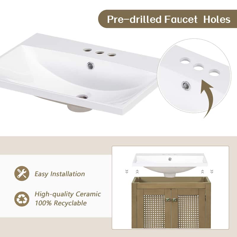 24" Bathroom Vanity with Ceramic Basin, Rattan Bathroom Storage Cabinet with 2 Doors and Drawer