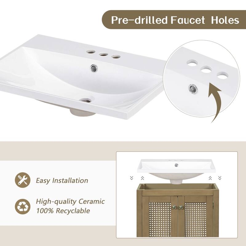 Bathroom Vanity with Ceramic Sink, Bathroom Storage Cabinet with Rattan Doors, Small Bathroom Vanity Set with Drawer