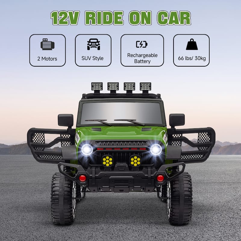 12V Ride on Truck Off-Road Toy Car with LED Lights, Green Battery Powered Ride on Car with Parent Remote