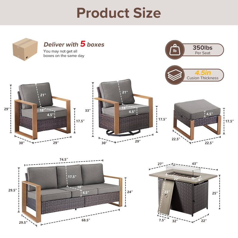 Meyreso Wicker Outdoor Patio Fire Pit Set with Swivel Gliders and Olefin Cushions