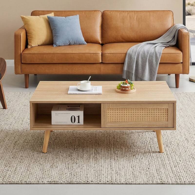 Anmytek Rattan Coffee Table with Storage Modern Walnut Living Room Centerpiece Organizer