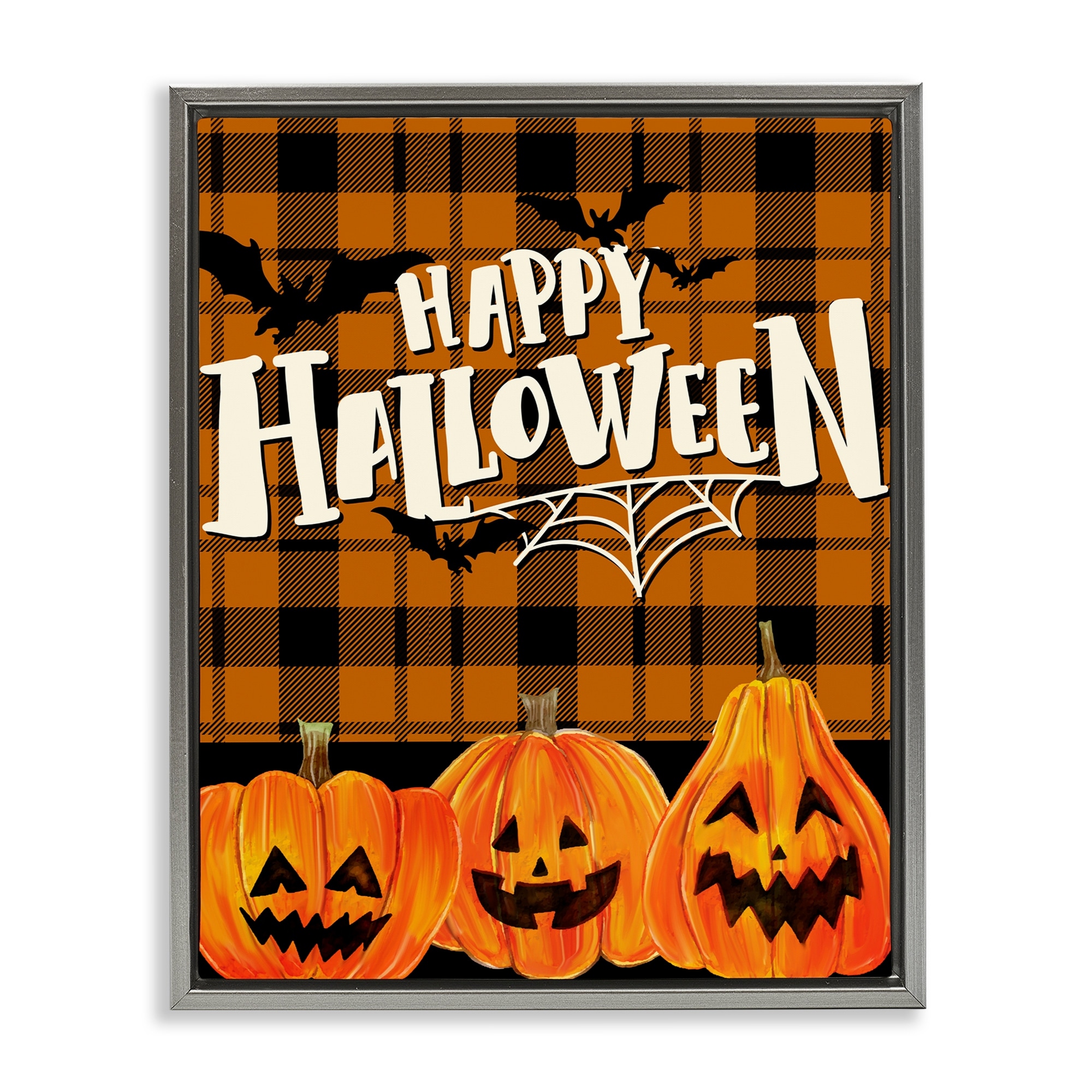 Stupell Halloween Jack-o-Lanterns on Plaid Framed Floater Canvas Wall Art Design By Kim Allen