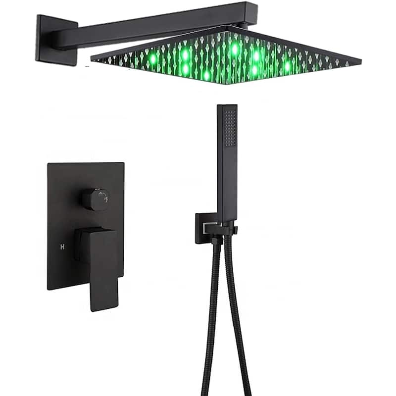 Matte black wall mount 12 inch 3 LED light rain head 2 way shower faucet with handle sprayer - 7'6" x 10'9"